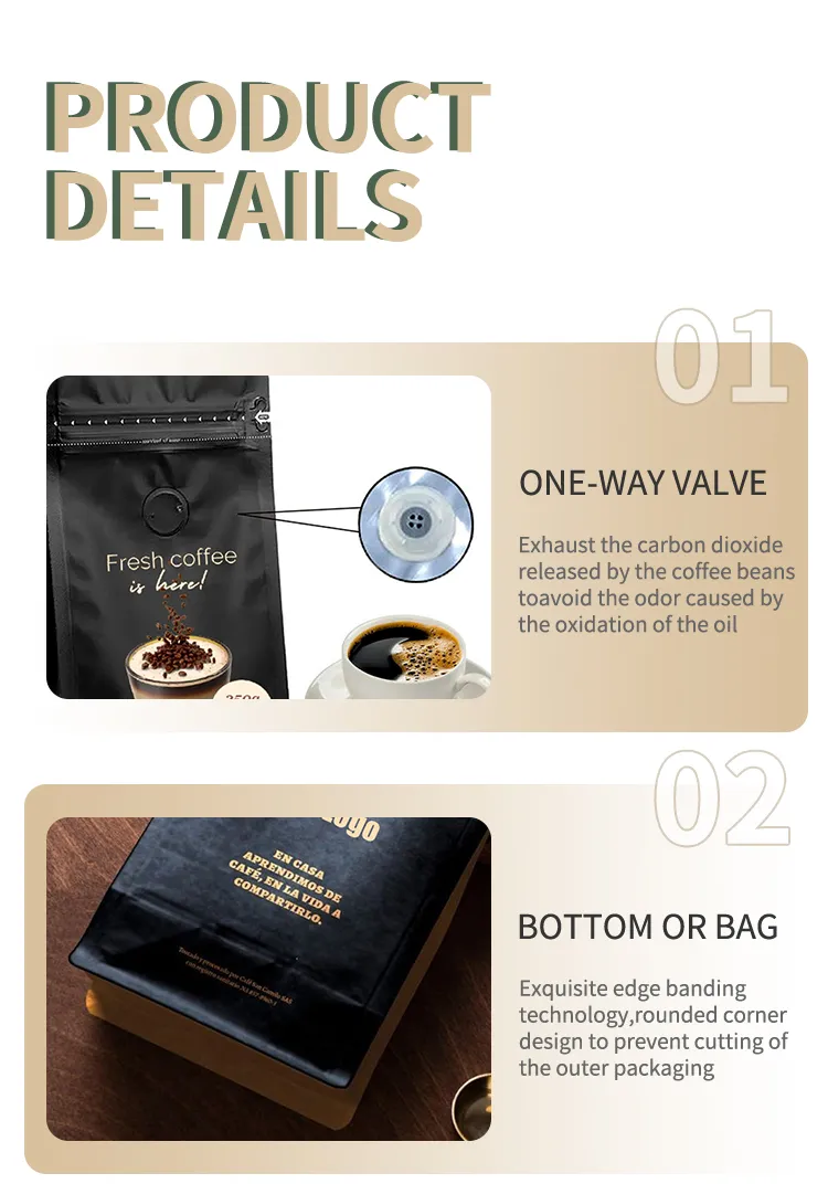 Stand up Pouch for Coffee Beans with Valve and Customizable Dimensions